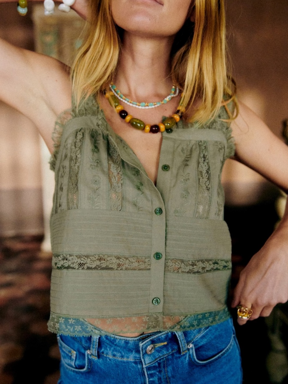 Sezane Olive Green Lace-Trim Button Front Camisole